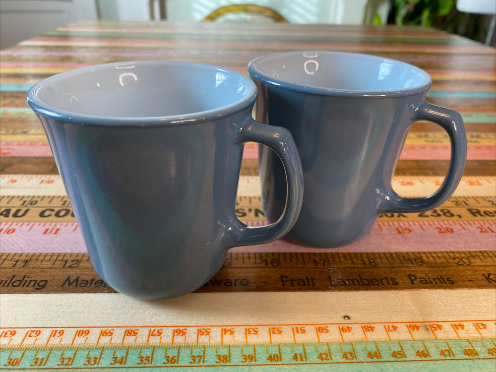 VINTAGE Lot Of 2 PYREX Coffee Cup MUGS Slate Blue D Handle Milk Glass Pair 2